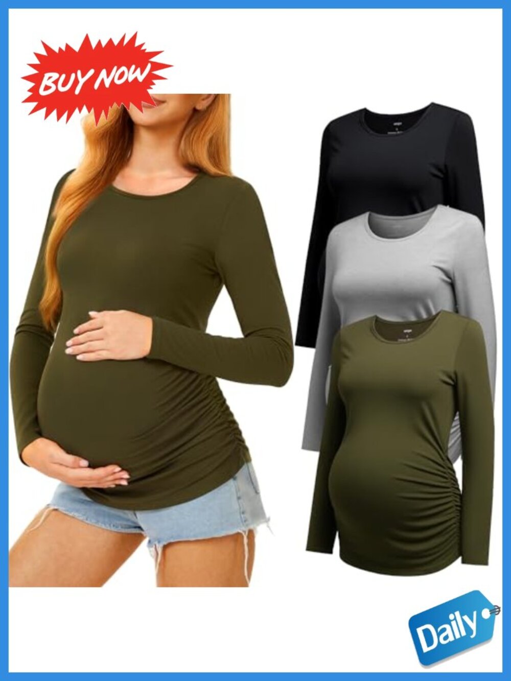 MIRAZEN 3 Pack Maternity Long Sleeve Crew Neck Pregnancy Shirt Women